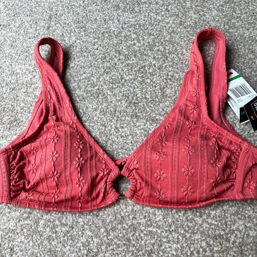 California Waves Swim Womens sz L Large Coral Bralette‎ CF Ring Textured tie